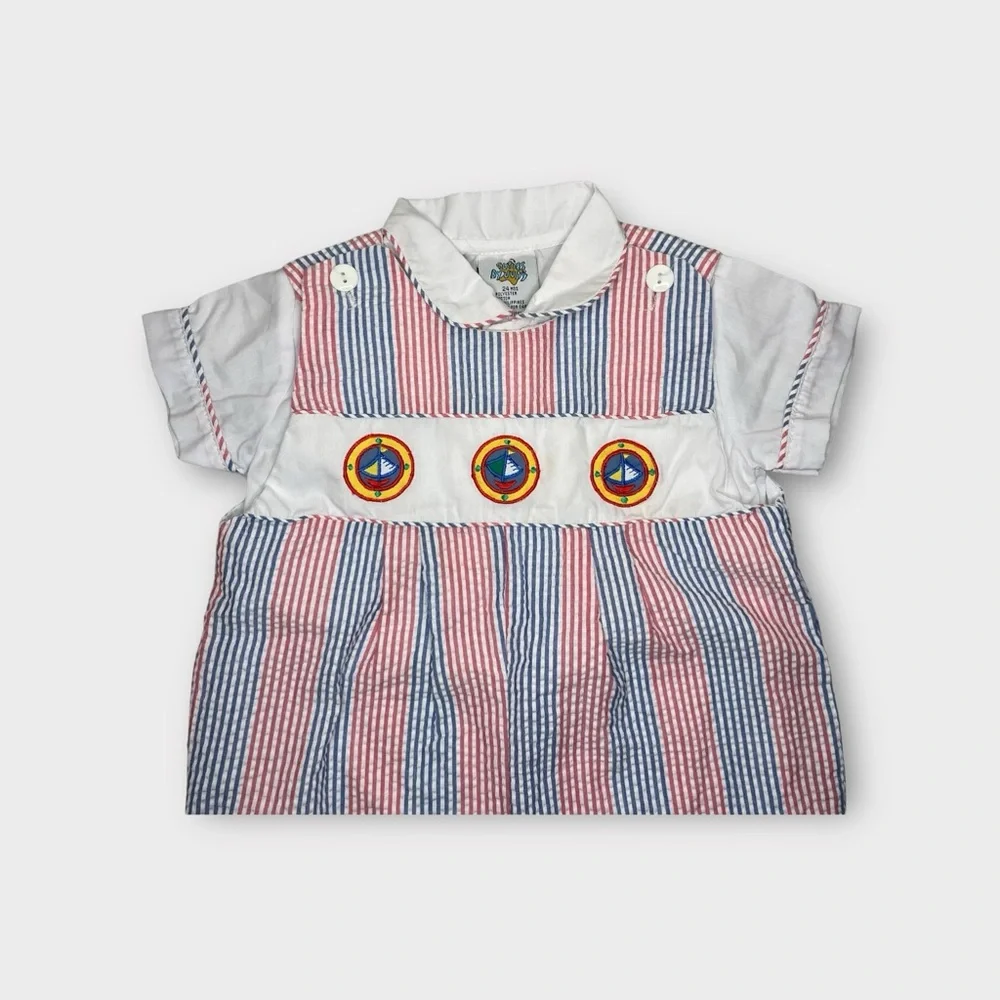 Cuties By Judy Vintage White Polo Top & Boat Patch Pinstripe Romper Outfit